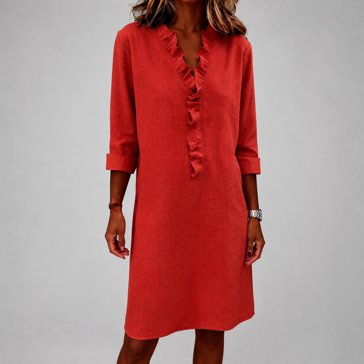 aliya - Women's Ruffle V-Neck Shift Dress