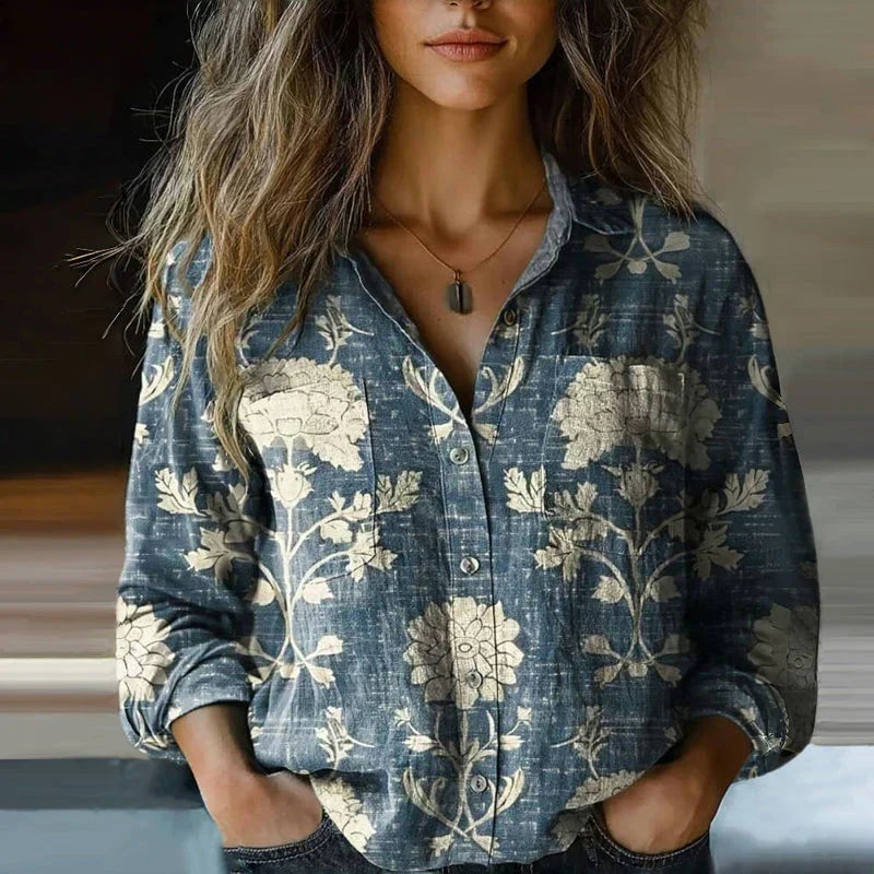 Amara - Women's Button-Front Floral Print Collared Blouse