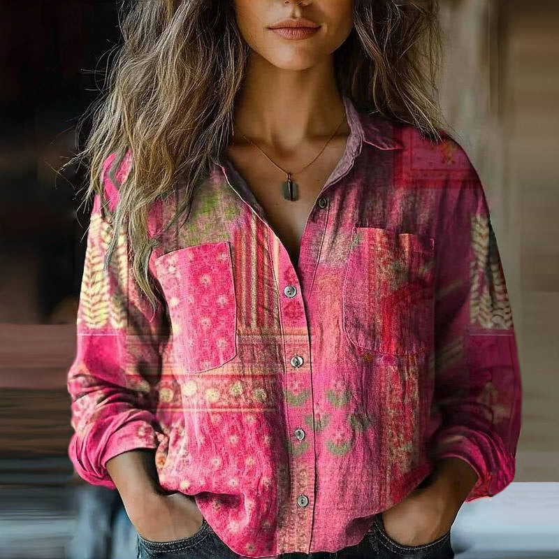 Amara - Women's Button-Front Floral Print Collared Blouse