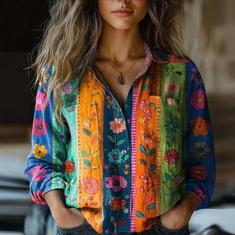 Amara - Women's Button-Front Floral Print Collared Blouse