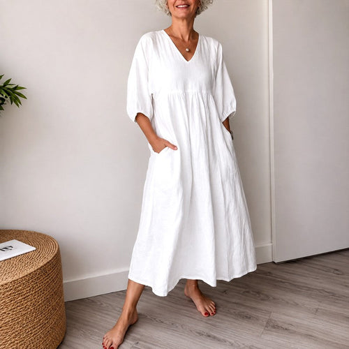 Amelia - Women's Linen V-Neck Puff Sleeve A-Line Dress