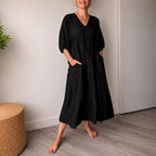 Amelia - Women's Linen V-Neck Puff Sleeve A-Line Dress