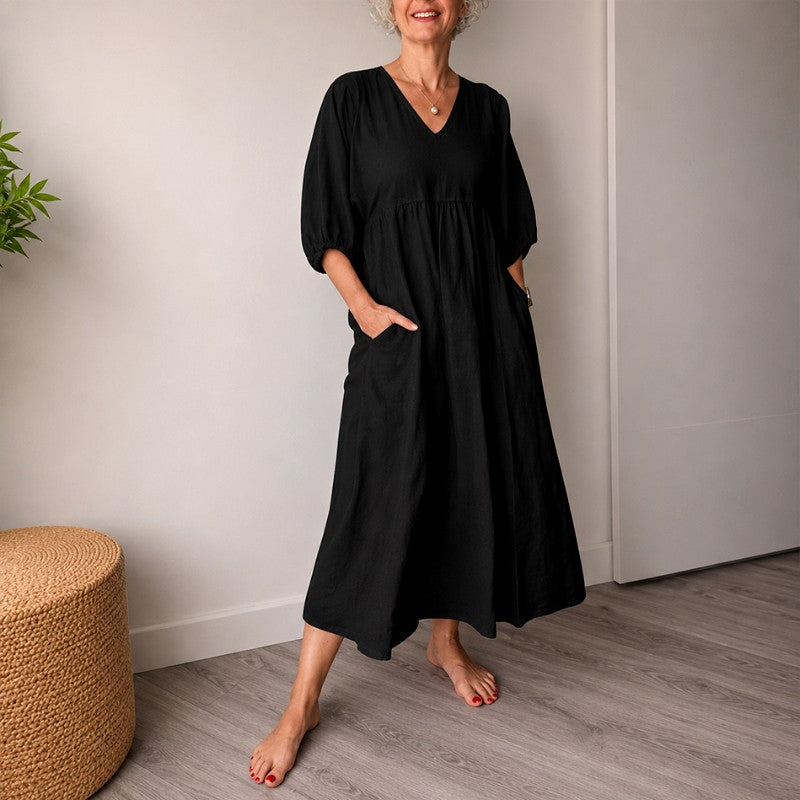 Amelia - Women's Linen V-Neck Puff Sleeve A-Line Dress