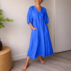 Amelia - Women's Linen V-Neck Puff Sleeve A-Line Dress