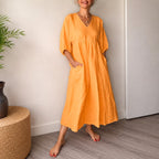Amelia - Women's Linen V-Neck Puff Sleeve A-Line Dress