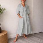 Amelia - Women's Linen V-Neck Puff Sleeve A-Line Dress
