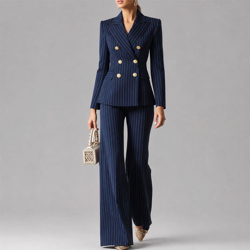 Amina - Women's Pinstripe Blazer and Wide Leg Pants Set