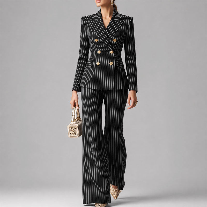 Amina - Women's Pinstripe Blazer and Wide Leg Pants Set