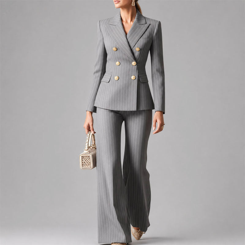 Amina - Women's Pinstripe Blazer and Wide Leg Pants Set