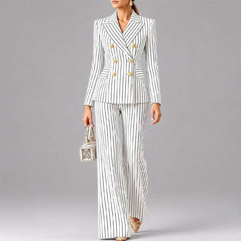 Amina - Women's Pinstripe Blazer and Wide Leg Pants Set