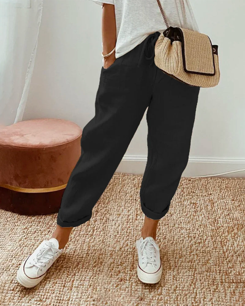 Amoret - Women's Drawstring Linen Cropped Trousers