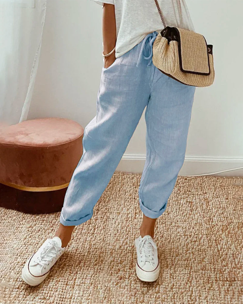 Amoret - Women's Drawstring Linen Cropped Trousers