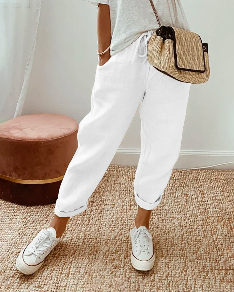 Amoret - Women's Drawstring Linen Cropped Trousers