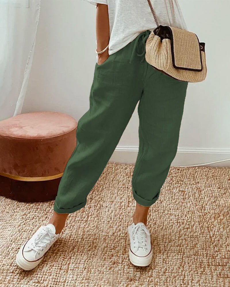 Amoret - Women's Drawstring Linen Cropped Trousers