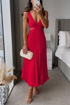 Amy - Women's Deep V-Neckline Sleeveless Pleated Dress