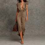 Anya - Women's Deep V-Neck Ruched Dress with Ruffled Front Slit