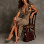 Anya - Women's Deep V-Neck Ruched Dress with Ruffled Front Slit