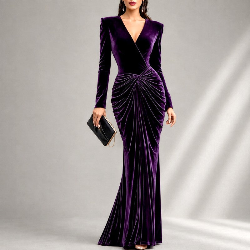 Arielle - Women's V-Neck Ruched Evening Dress