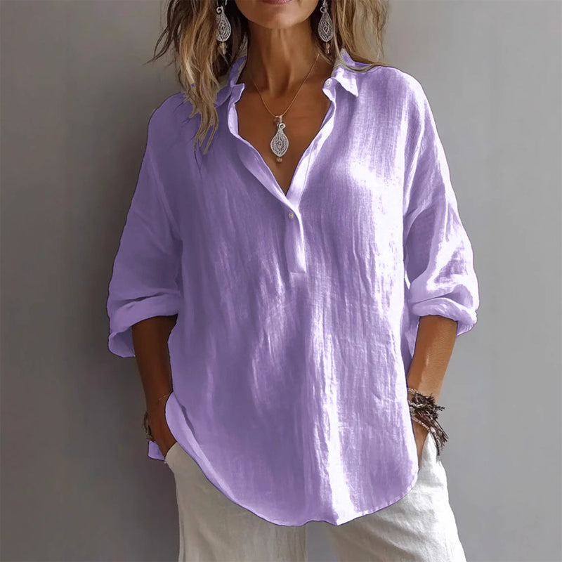 Aubree - Women's V-Neck Blouse with Rolled Sleeves