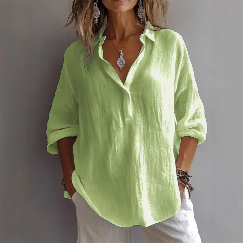 Aubree - Women's V-Neck Blouse with Rolled Sleeves