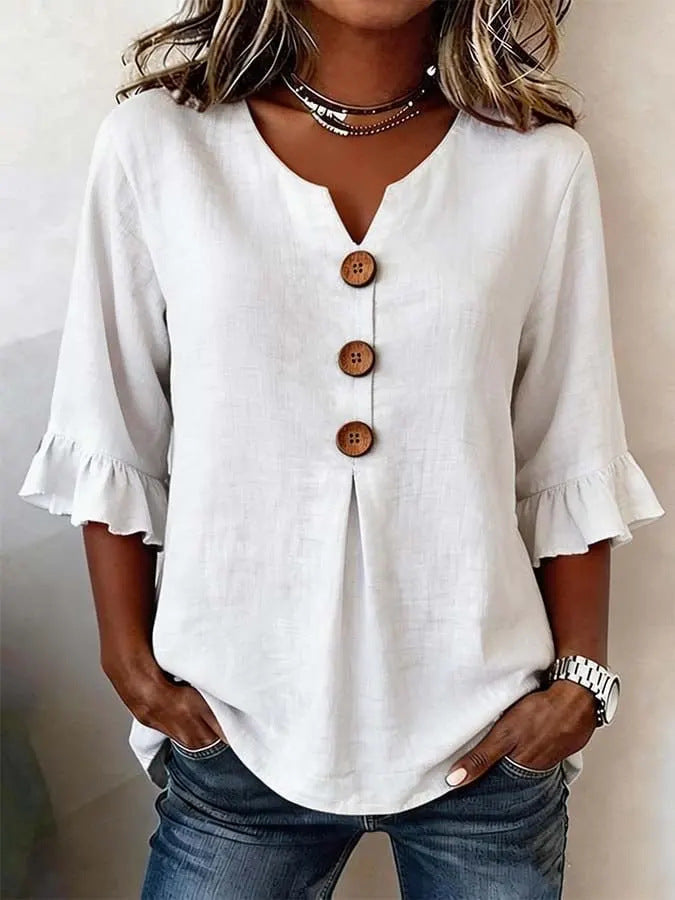 Aurelia - Women's Button-Front Blouse with Ruffle Sleeves
