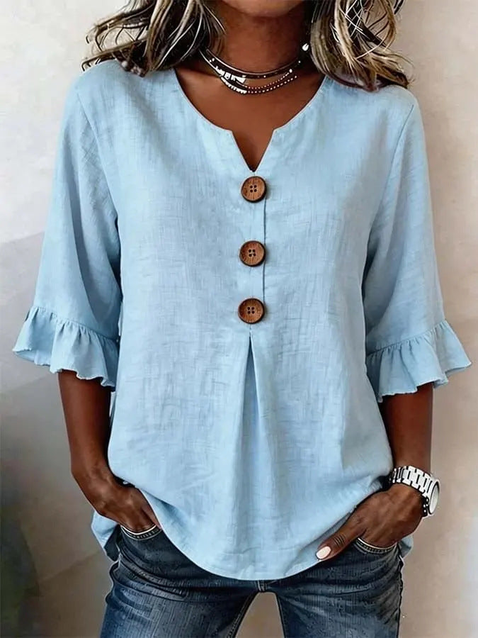 Aurelia - Women's Button-Front Blouse with Ruffle Sleeves