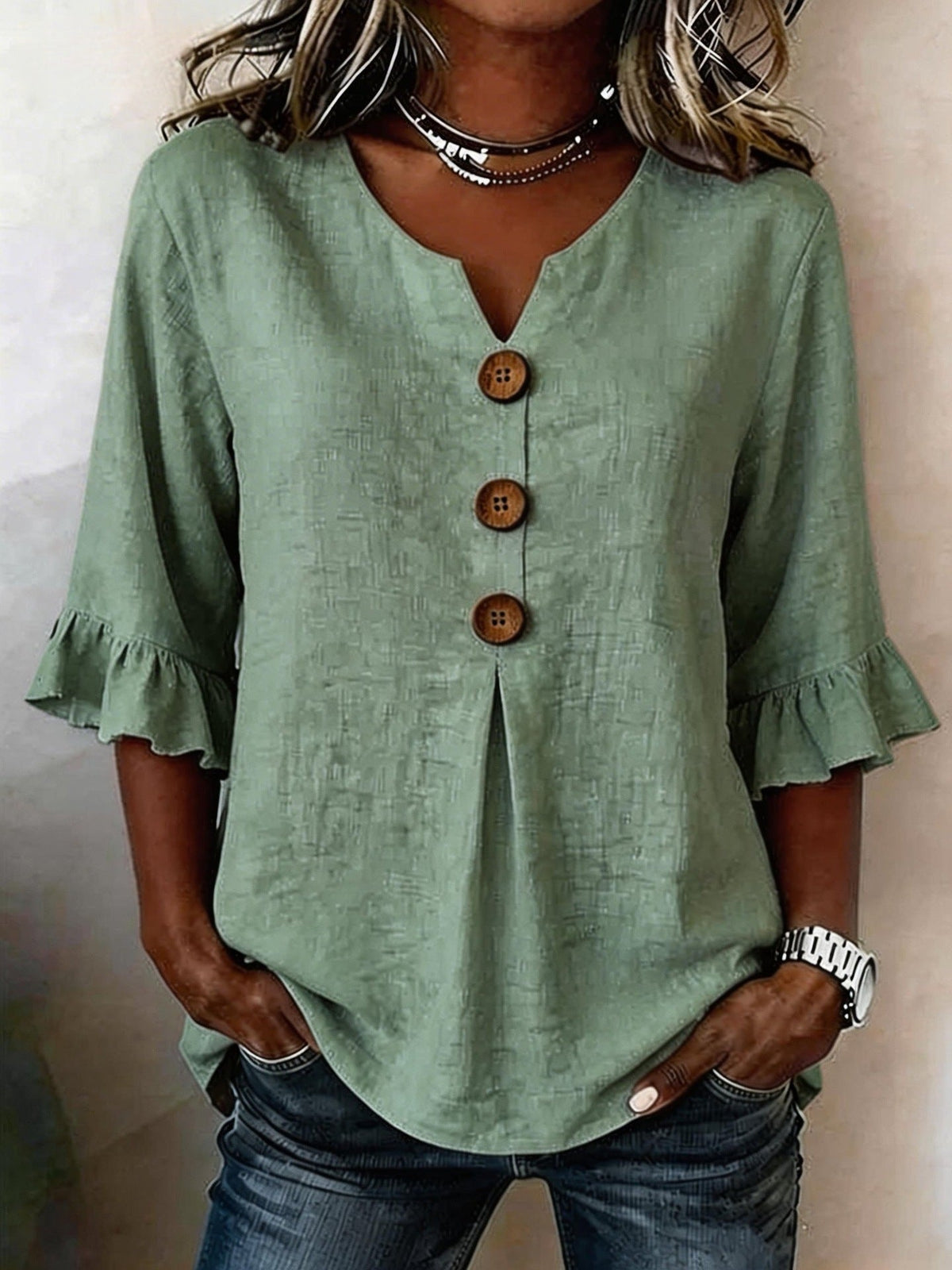 Aurelia - Women's Button-Front Blouse with Ruffle Sleeves