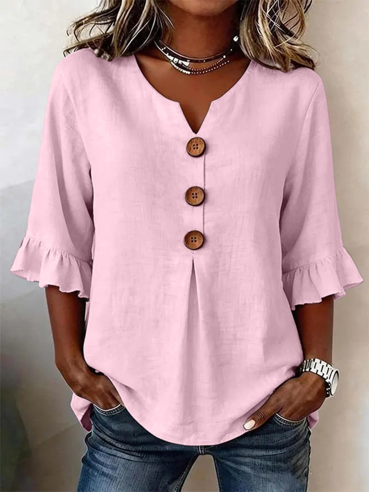 Aurelia - Women's Button-Front Blouse with Ruffle Sleeves