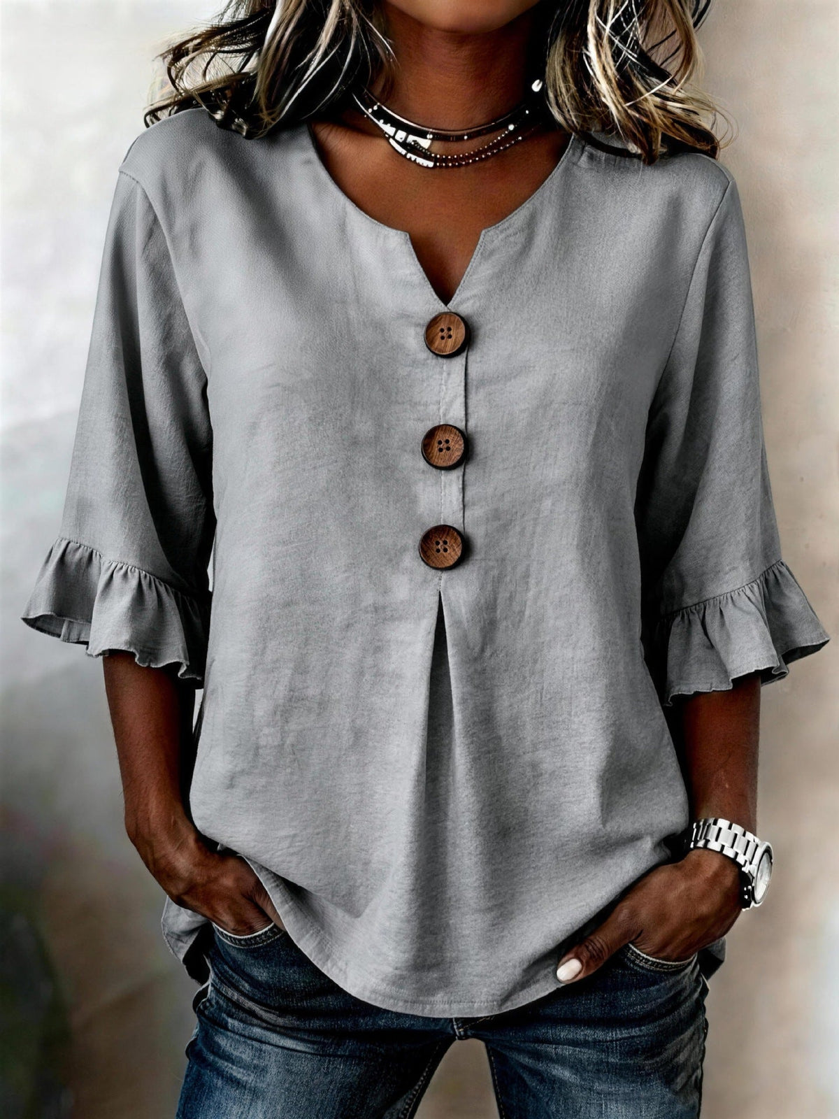 Aurelia - Women's Button-Front Blouse with Ruffle Sleeves