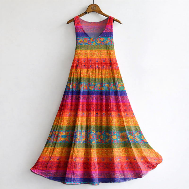 Avelina - Women's Striped Bohemian Print Sleeveless Dress