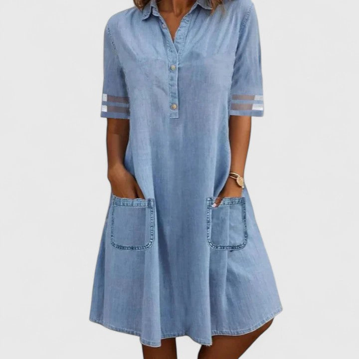 Ayla - Women's Button-Front A-Line Denim Dress