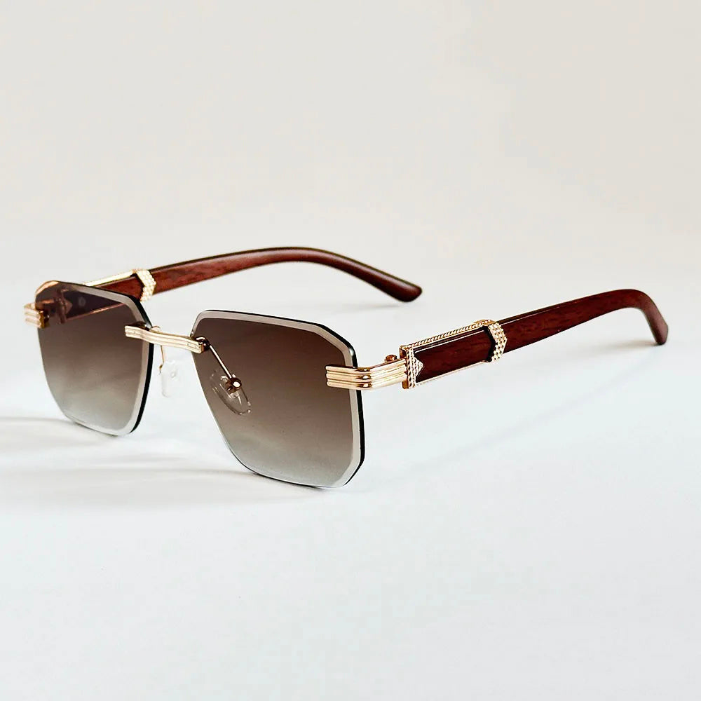 Bali - Rimless Gradient Lens Sunglasses with Wood-Textured Arms
