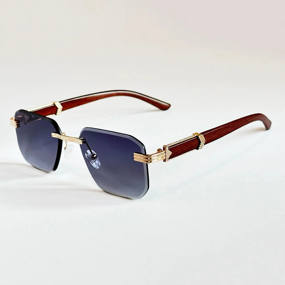 Bali - Rimless Gradient Lens Sunglasses with Wood-Textured Arms