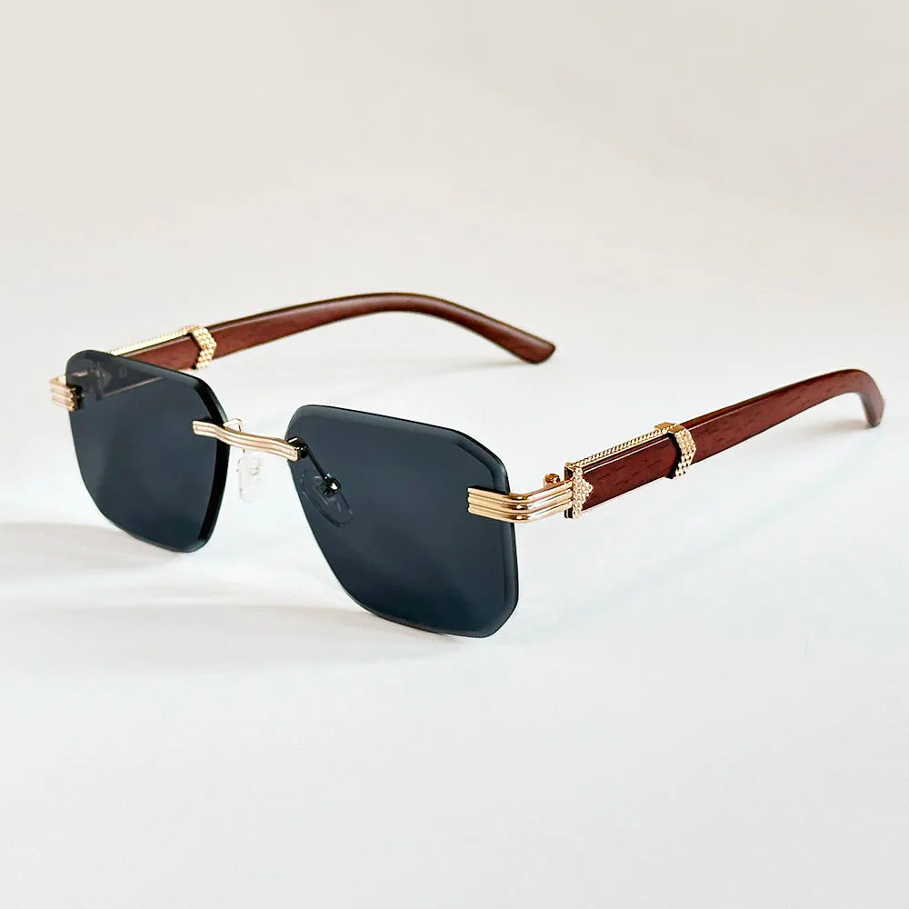 Bali - Rimless Gradient Lens Sunglasses with Wood-Textured Arms