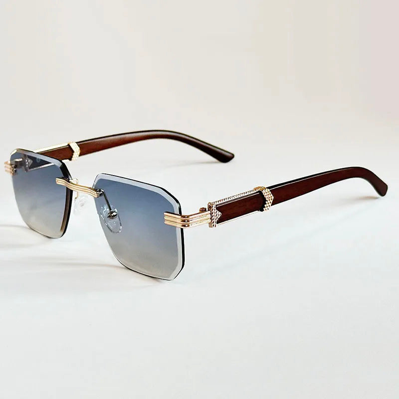 Bali - Rimless Gradient Lens Sunglasses with Wood-Textured Arms