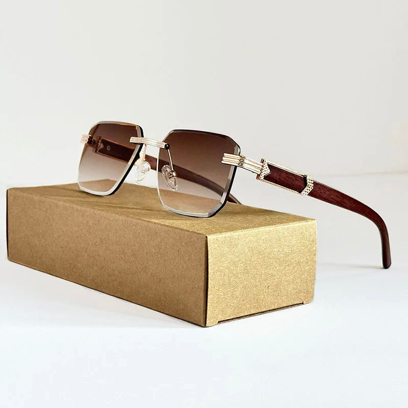 Bali - Rimless Gradient Lens Sunglasses with Wood-Textured Arms