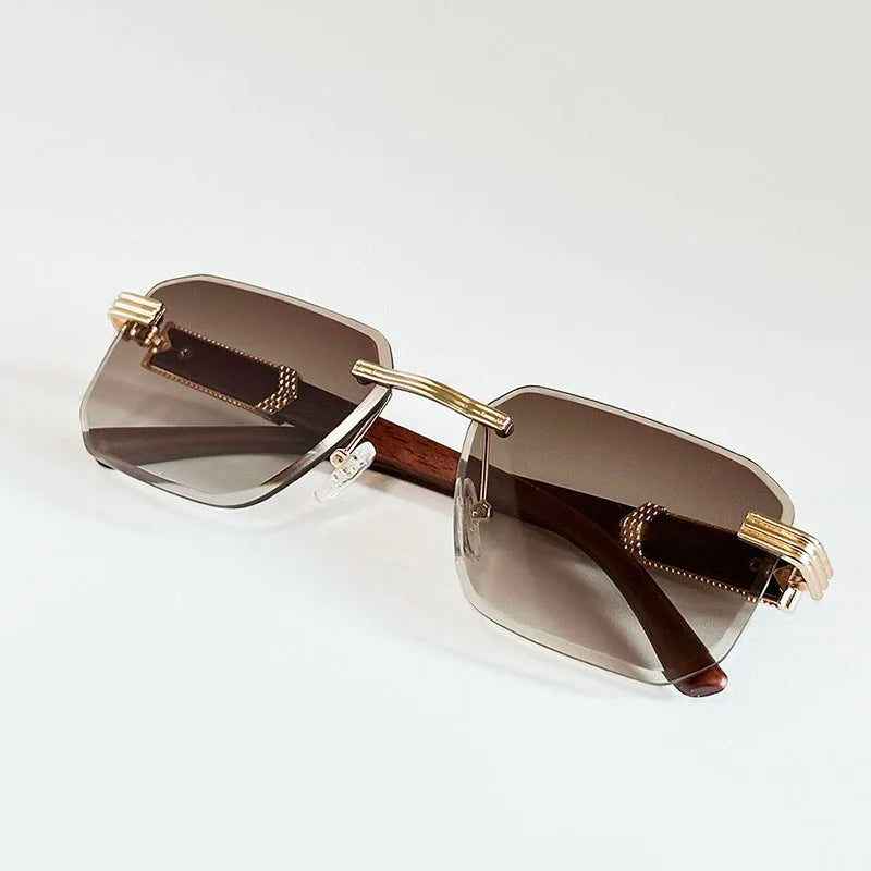 Bali - Rimless Gradient Lens Sunglasses with Wood-Textured Arms