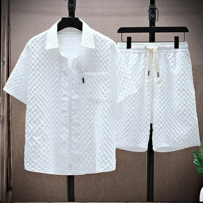 Beckett - Men's Textured Button-Down Shirt & Drawstring Shorts Set