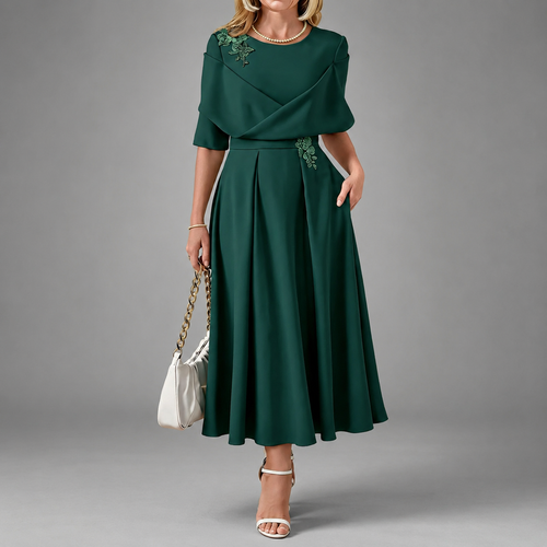 Bella - Women's Floral Appliqué Draped Dress