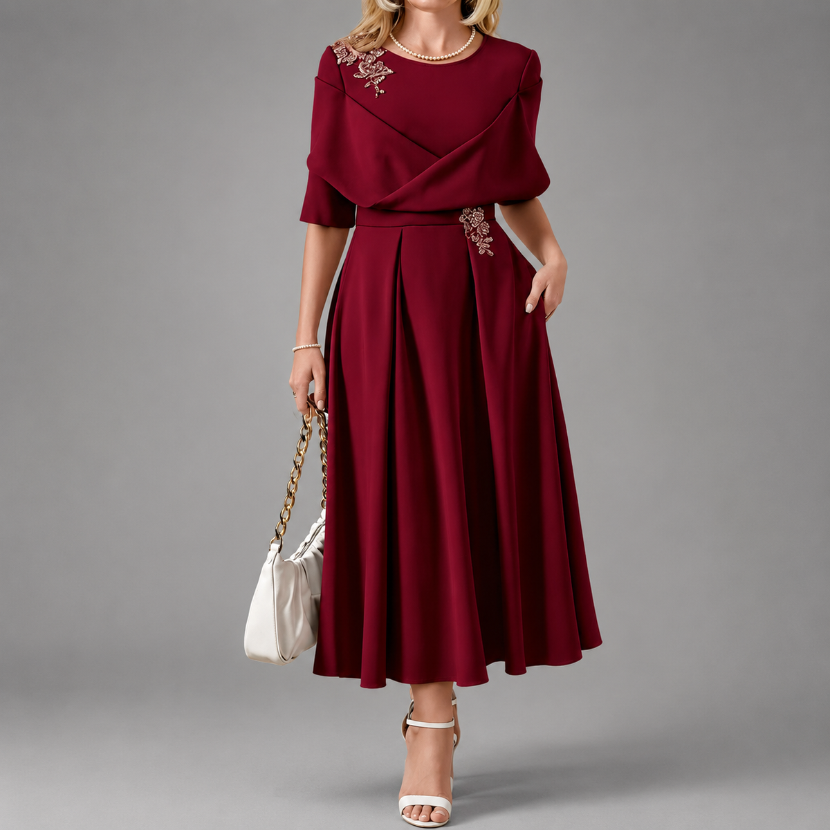 Bella - Women's Floral Appliqué Draped Dress