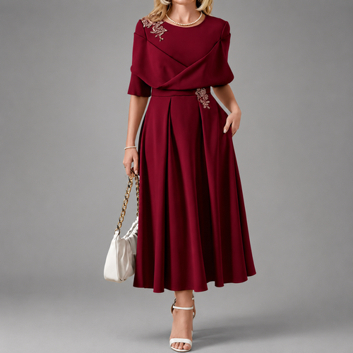 Bella - Women's Floral Appliqué Draped Dress
