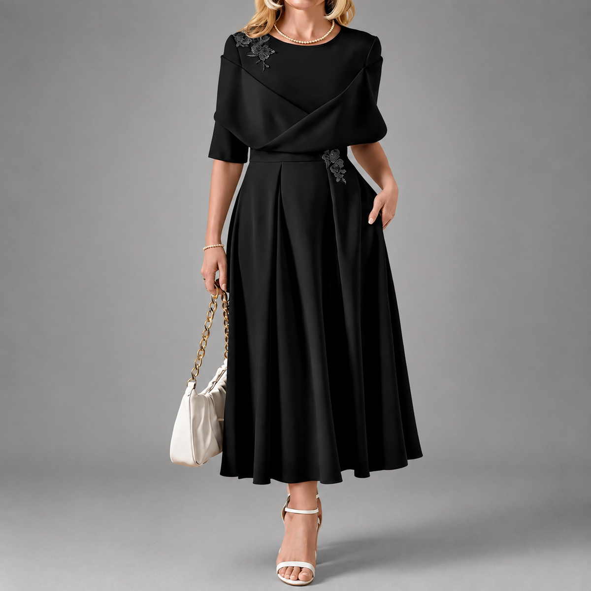 Bella - Women's Floral Appliqué Draped Dress