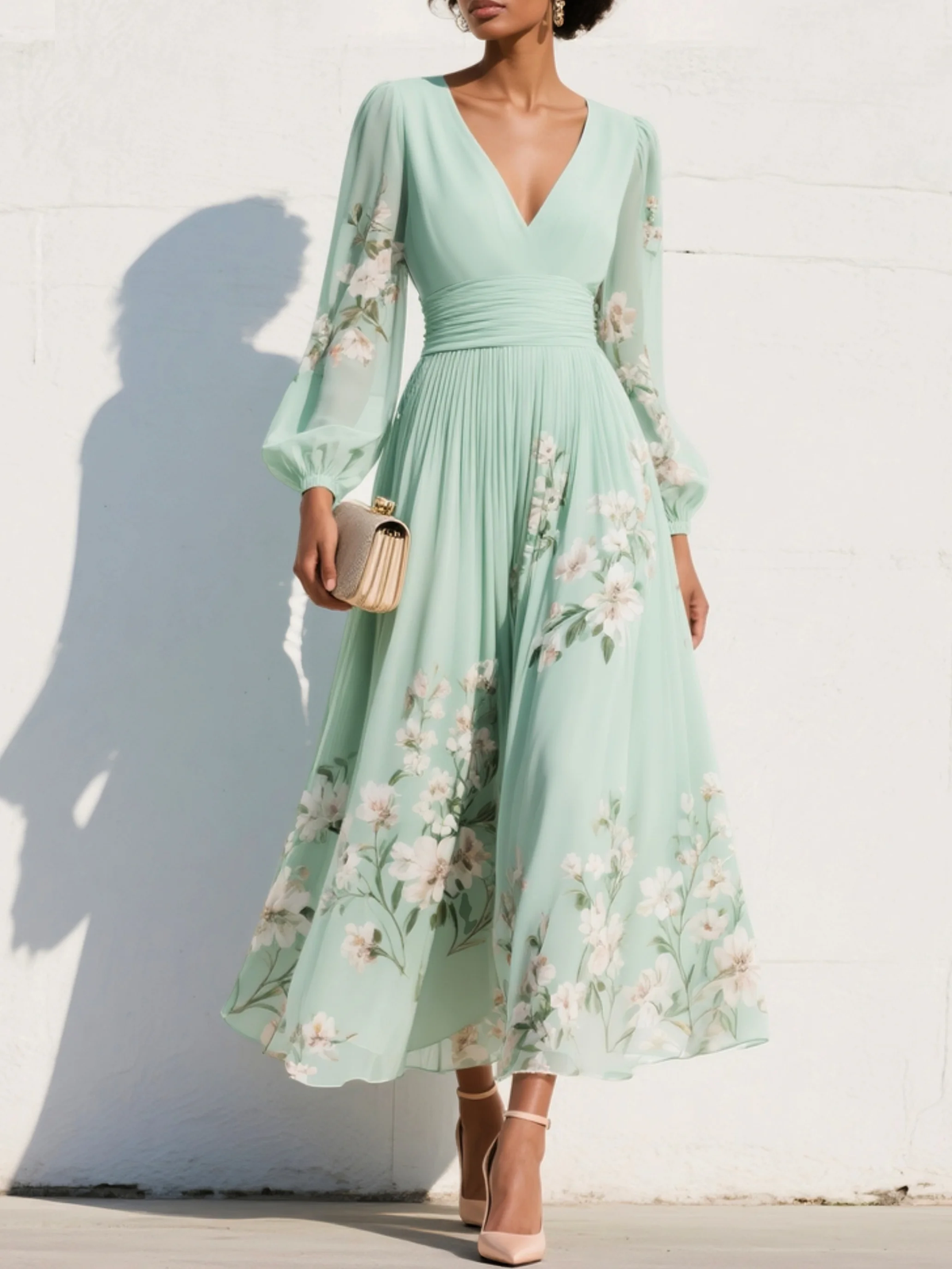 Bellamy - Women's Floral Dress with V-Neckline and Balloon Sleeves