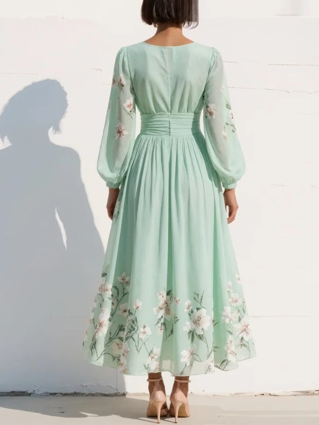 Bellamy - Women's Floral Dress with V-Neckline and Balloon Sleeves