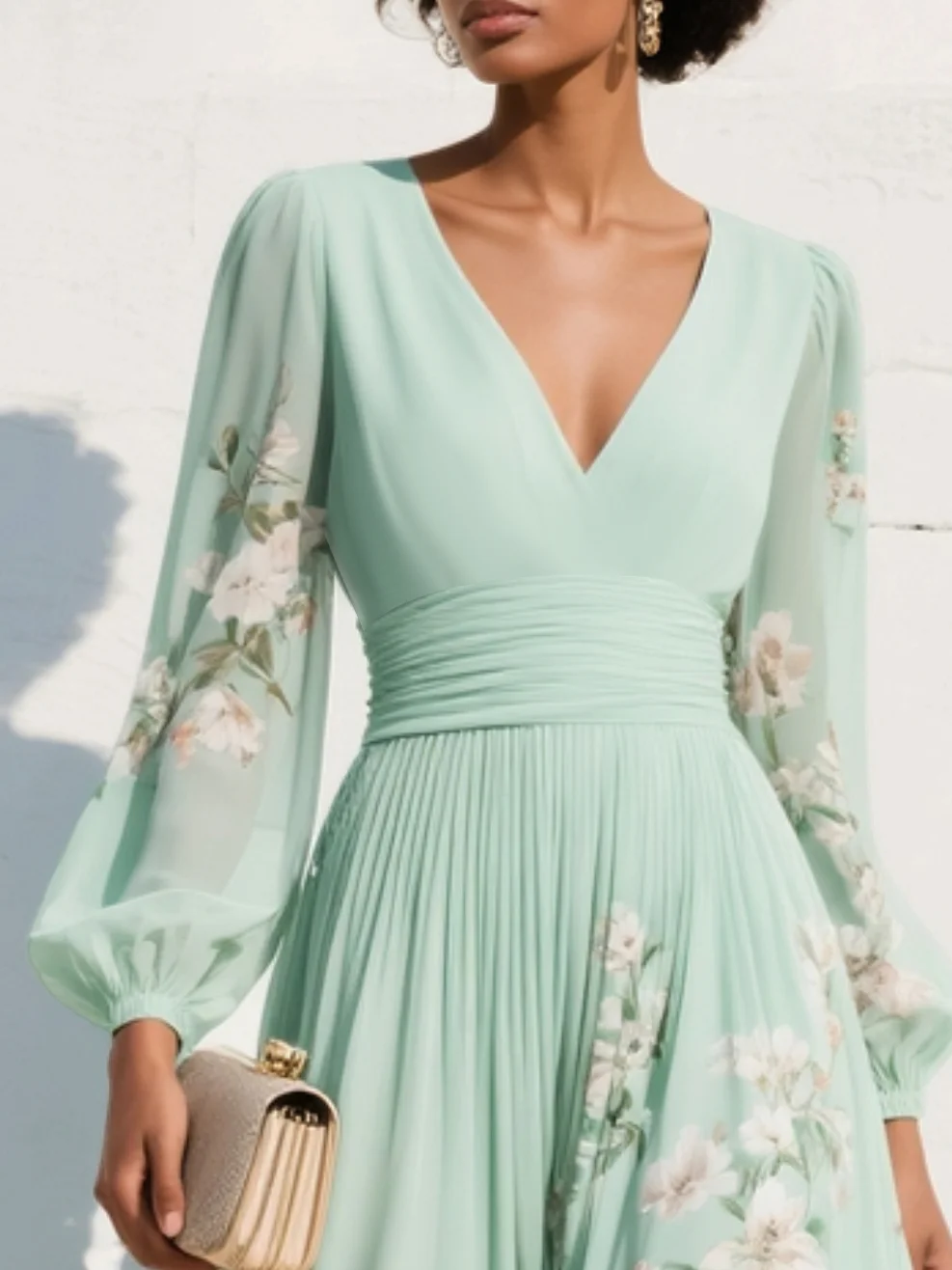 Bellamy - Women's Floral Dress with V-Neckline and Balloon Sleeves