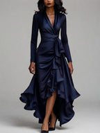 Camryn - Women's Long Sleeve Satin Wrap Dress with Ruffle Hem