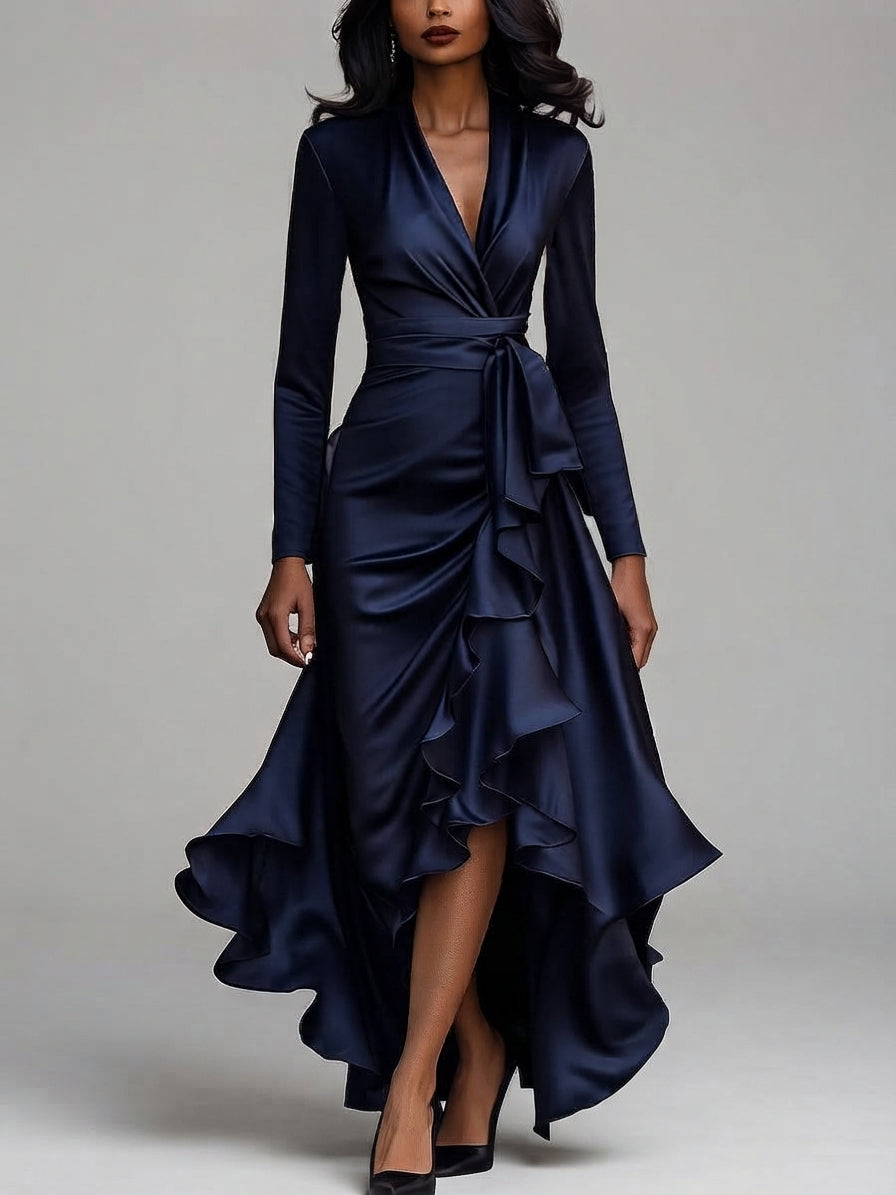 Camryn - Women's Long Sleeve Satin Wrap Dress with Ruffle Hem