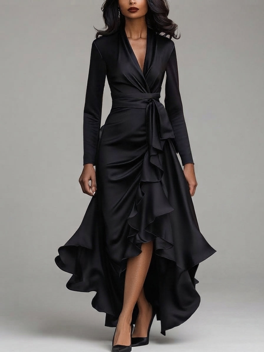 Camryn - Women's Long Sleeve Satin Wrap Dress with Ruffle Hem
