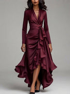Camryn - Women's Long Sleeve Satin Wrap Dress with Ruffle Hem