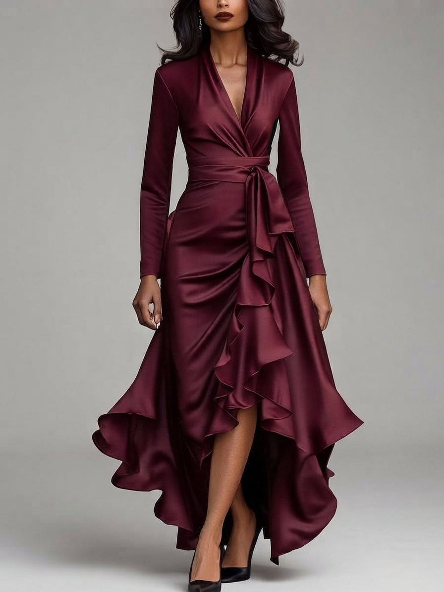 Camryn - Women's Long Sleeve Satin Wrap Dress with Ruffle Hem